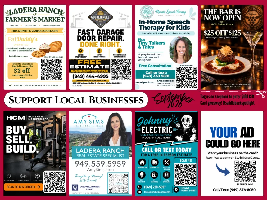 The back of the September card: eight more local businesses, one space still open.