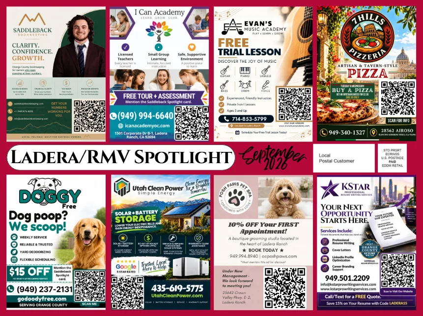 The front of the September card: eight local businesses around the Ladera Ranch and Rancho Mission Viejo masthead, each with its own QR code.