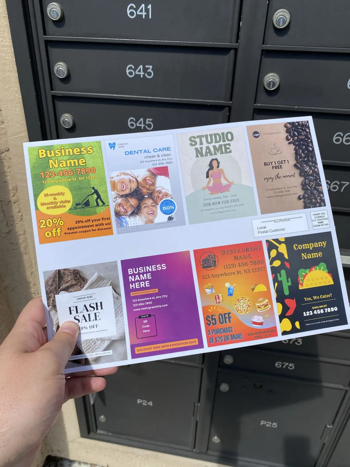 A hand holding the card at a bank of cluster mailboxes, the moment it comes out of the box.
